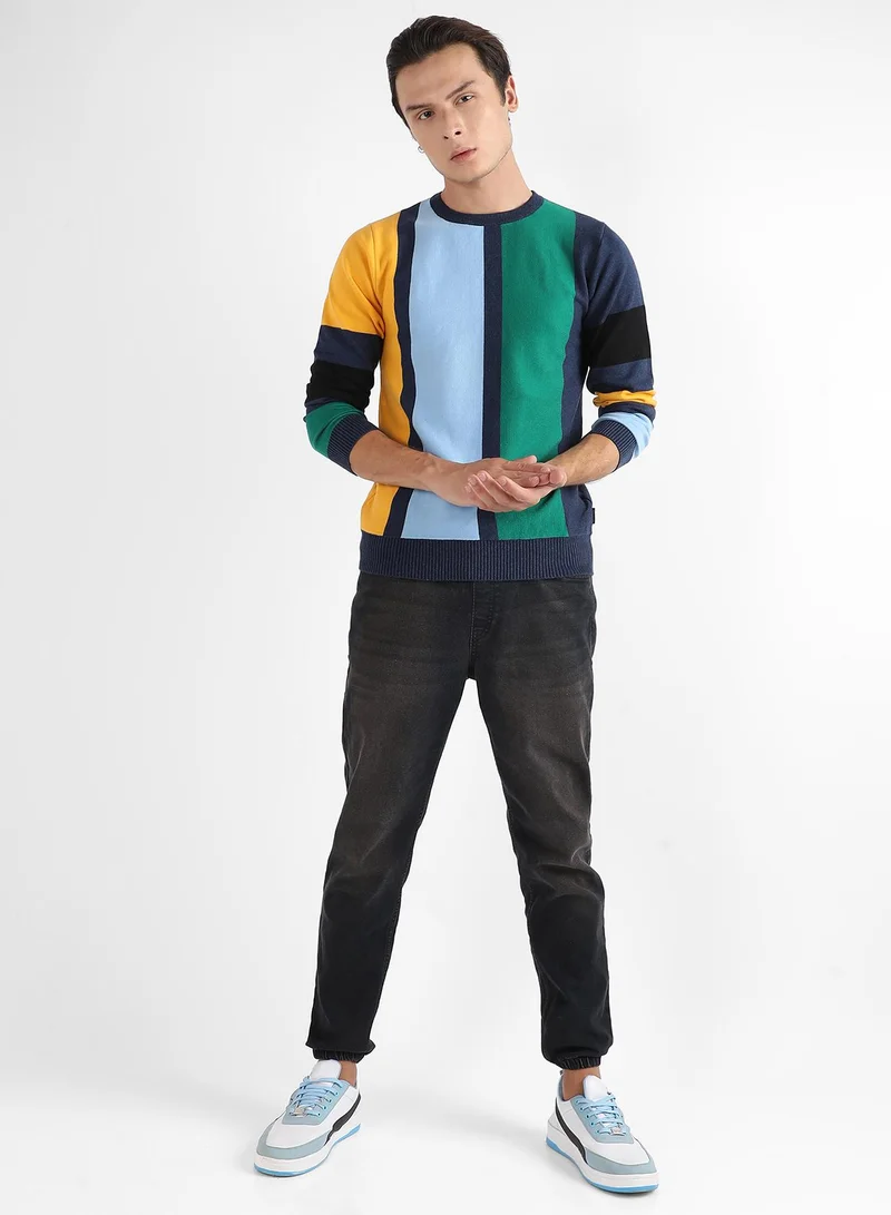 Campus Sutra Men's Multicolour Contrast Panel Relaxed Pullover Sweater