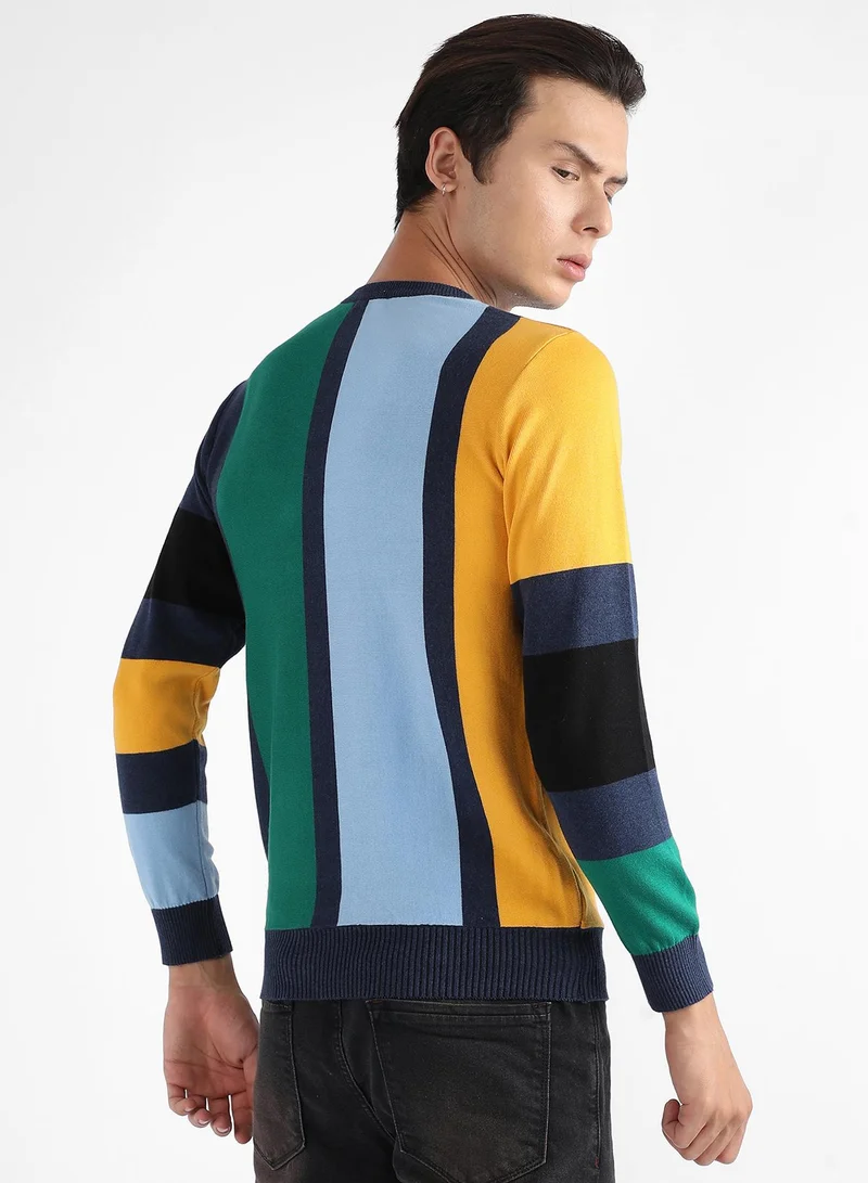 Campus Sutra Men's Multicolour Contrast Panel Relaxed Pullover Sweater