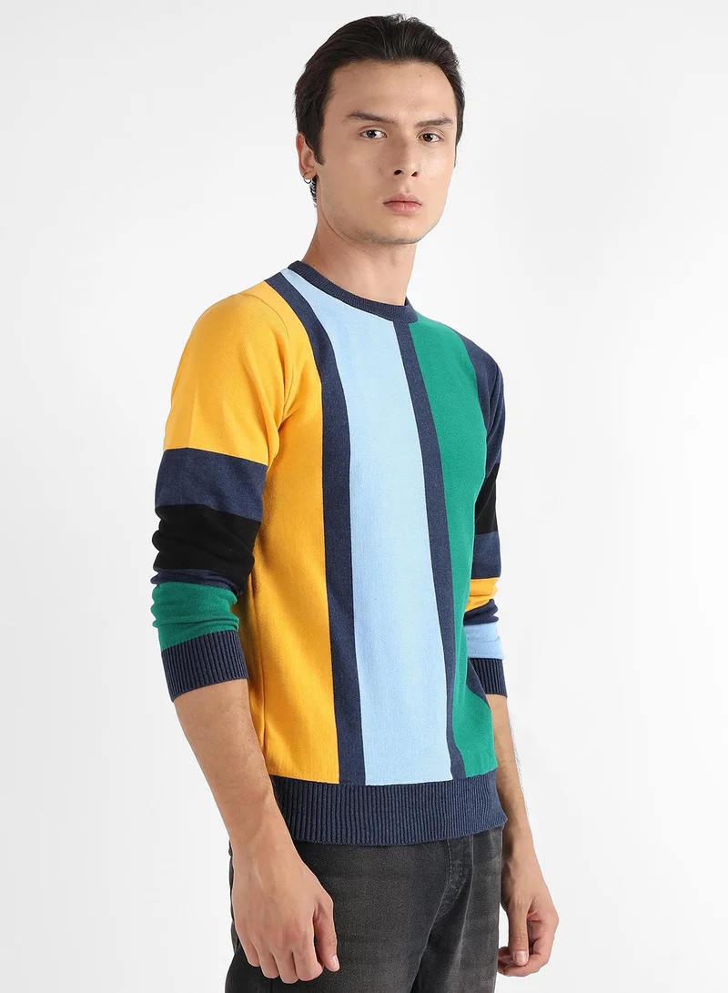 Campus Sutra Men's Multicolour Contrast Panel Relaxed Pullover Sweater
