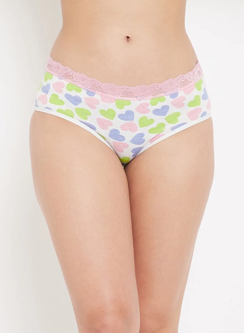 Clovia Clovia Mid Waist Heart Print Hipster Panty in White with Lace Waist - Cotton