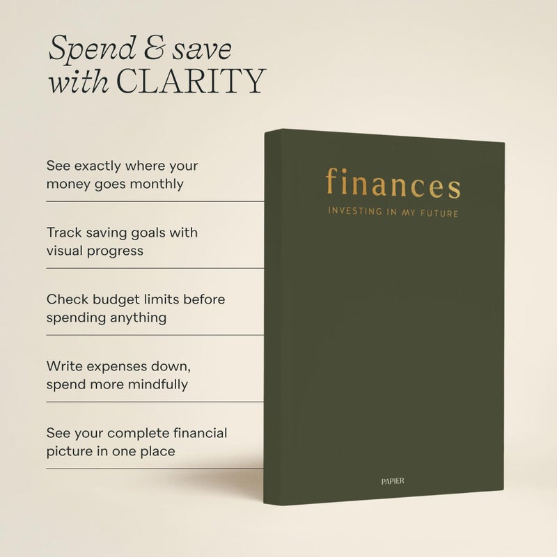 Papier Shine Finance Planner - Olive Hardback | Track Expenses, Savings, Outgoings | Undated | Includes Money Tracker, Daily & Monthly Calendar, & Monthly Budget Section | Budgeting Gift For Students - Image 4