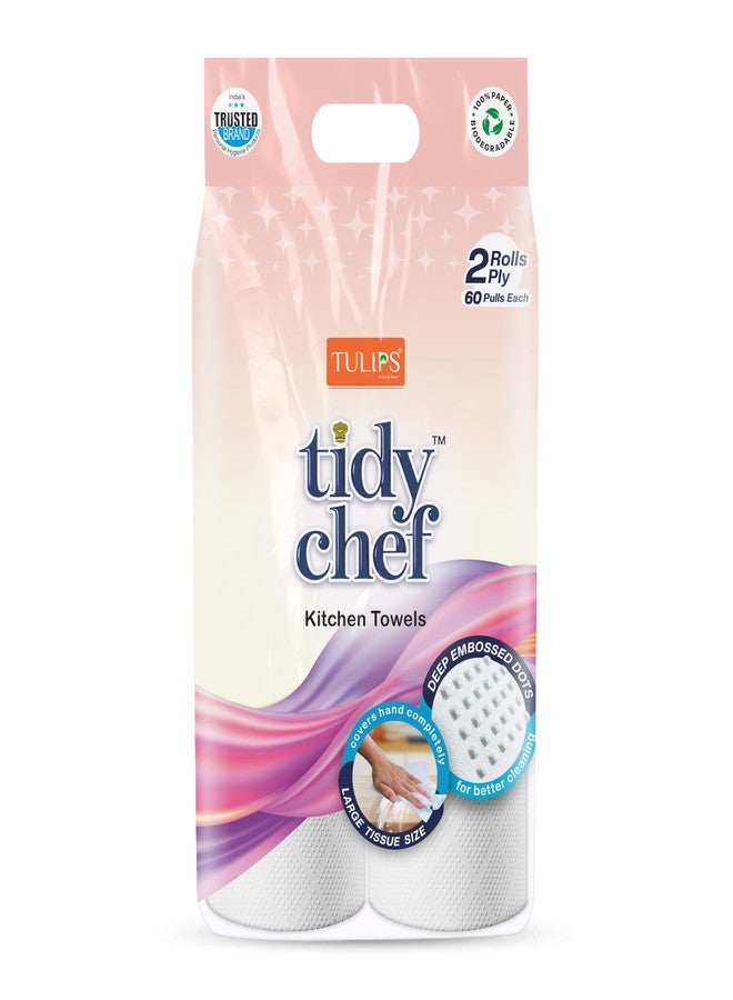 Tulips Brand- Tidy Chef Paper Kitchen Towels/Roll made with 100% virgin pulp I deep embossed papers offer superior absorbancy I easy & clean tear I 60 Pulls I 2 ply I Pack of 2 - Image 2