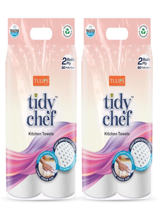 Tulips Brand- Tidy Chef Paper Kitchen Towels/Roll made with 100% virgin pulp I deep embossed papers offer superior absorbancy I easy & clean tear I 60 Pulls I 2 ply I Pack of 2 - Image 1
