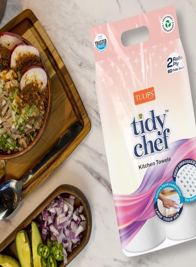 Tulips Brand- Tidy Chef Paper Kitchen Towels/Roll made with 100% virgin pulp I deep embossed papers offer superior absorbancy I easy & clean tear I 60 Pulls I 2 ply I Pack of 2 - Image 3