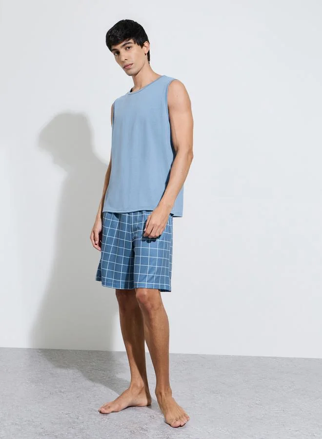 Styli  Blue Solid Tank Top and Checked Shorts Pyjama Set for Men | Best Price UAE
