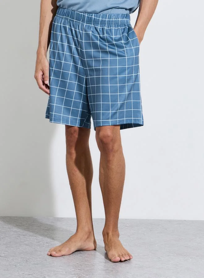 Styli  Blue Solid Tank Top and Checked Shorts Pyjama Set for Men | Best Price UAE
