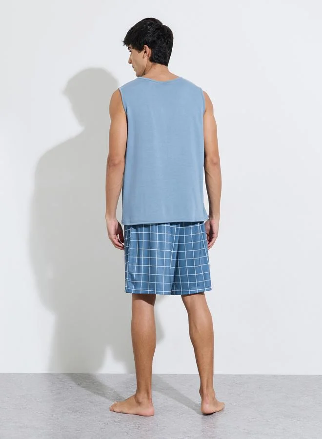 Styli  Blue Solid Tank Top and Checked Shorts Pyjama Set for Men | Best Price UAE