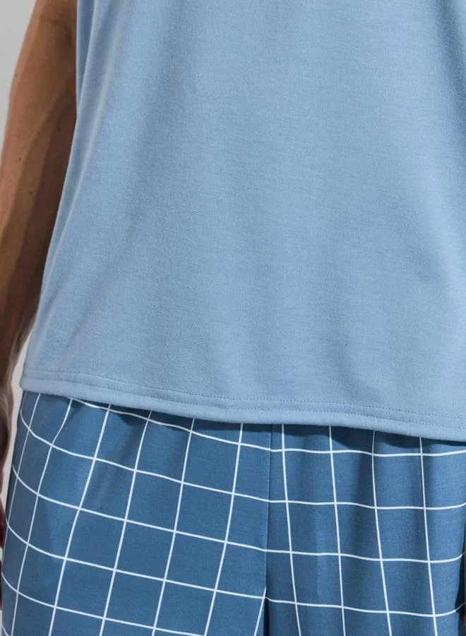 Styli  Blue Solid Tank Top and Checked Shorts Pyjama Set for Men | Best Price UAE