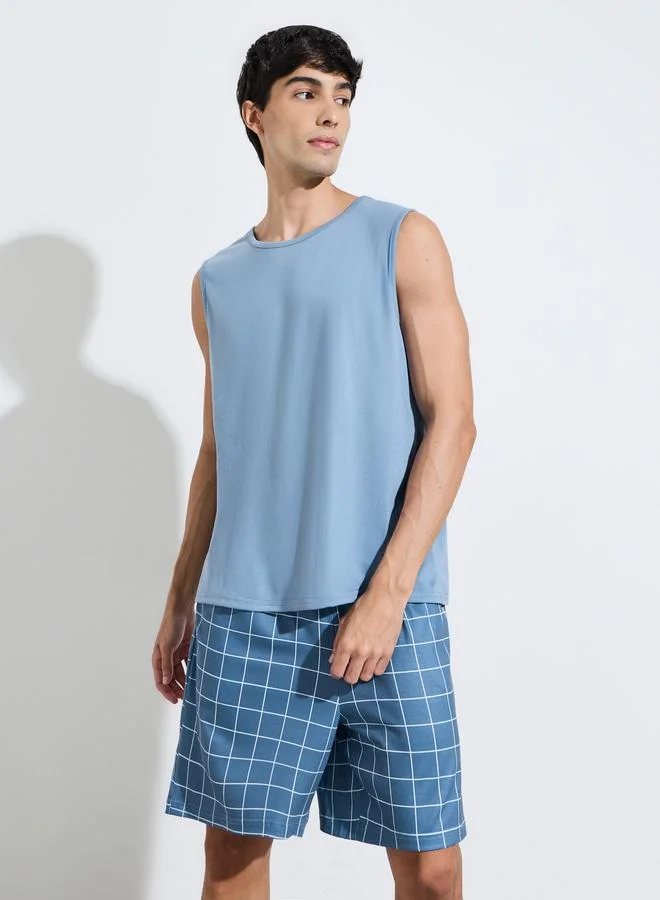 Blue Solid Tank Top and Checked Shorts Pyjama Set