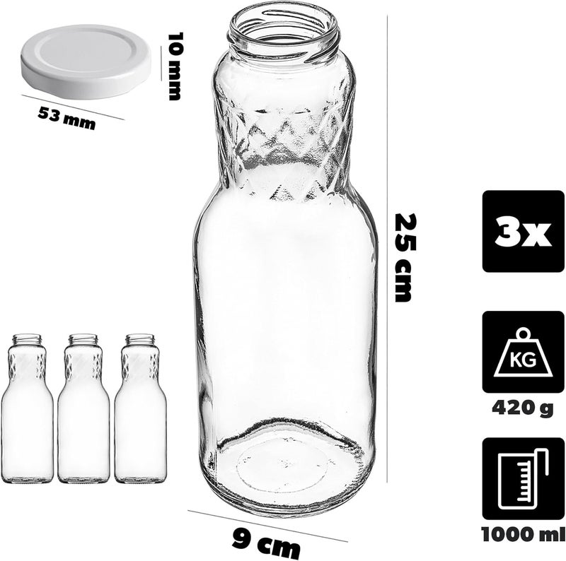 KADAX Glass Bottles 1 L, Pack of 3, Juice Bottles with Screw Cap fi53 mm, Empty Bottles for Preserving & Filling, Preserving Bottles for Juice, Wide Mouth Bottle (White) Budget friendly premium quality - Image 3