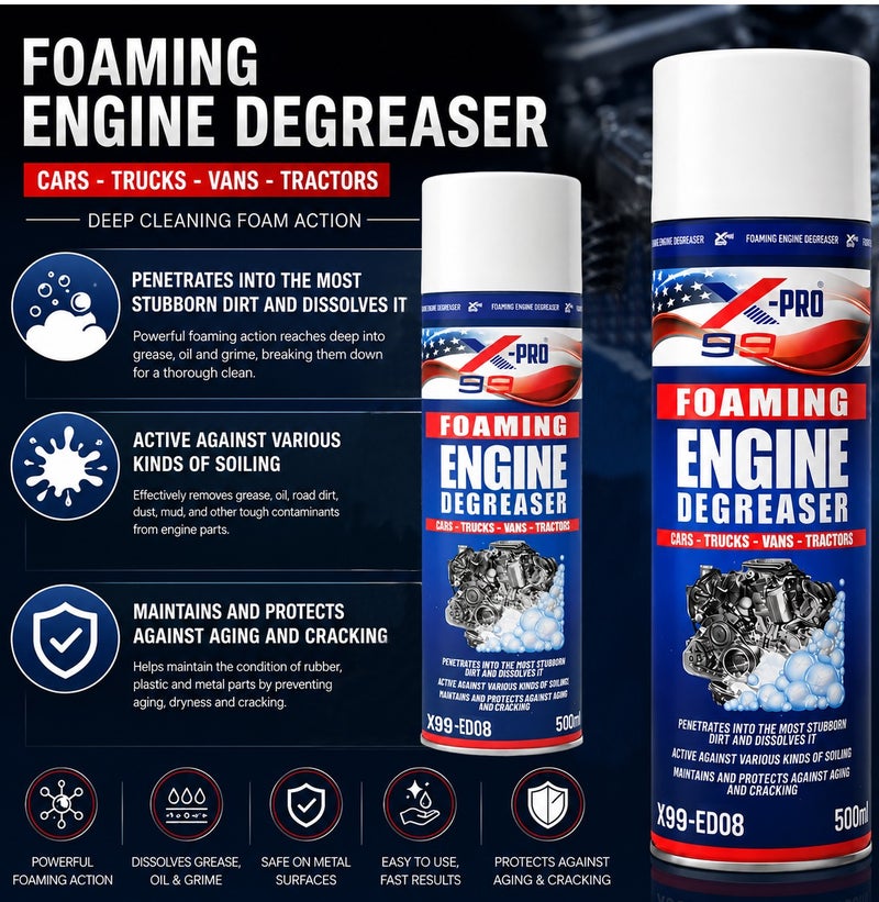 X Pro 99 X99-PRO X99-ED08 Foaming Engine Degreaser Spray 500ml (4 PCS) Heavy Duty Engine Cleaner Foam for Cars, Trucks, Vans, Tractors & Motorcycles, Removes Grease, Oil, Dirt & Road Grime, Fast Acting Engine Bay Cleaning Formula - Image 2