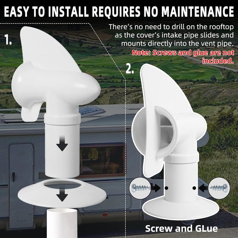 TonGass 2-Pack White RV Rotating Sewer Plumbing Vent Cover - 360 Degrees UV-Resistant Easy Install - Image 5