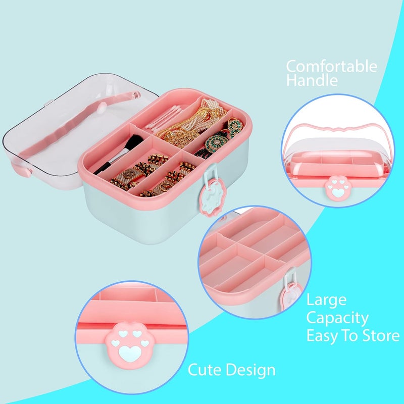 Jecrina Hair Accessories Organizer Portable with Handle Art Crafts Storage Case for Jewelry Container Bows Clips and Pins Makeup Box Compartments Pink Paw Print Design Multipurpose Craft Supplies - Image 5