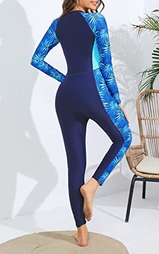 ALLTOKE Womens Full Body Rash Guard with Built in Bra Long Sleeve One Piece Swimsuit Upf50+ Zip Front Bathing Suit Blue Leaf XS - Image 3