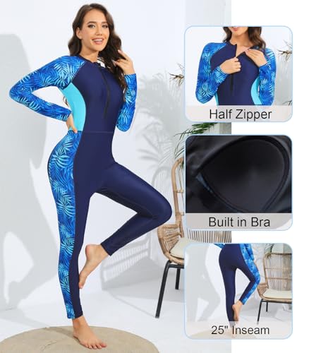ALLTOKE Womens Full Body Rash Guard with Built in Bra Long Sleeve One Piece Swimsuit Upf50+ Zip Front Bathing Suit Blue Leaf XS - Image 4