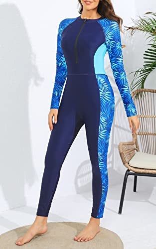ALLTOKE Womens Full Body Rash Guard with Built in Bra Long Sleeve One Piece Swimsuit Upf50+ Zip Front Bathing Suit Blue Leaf XS - Image 5