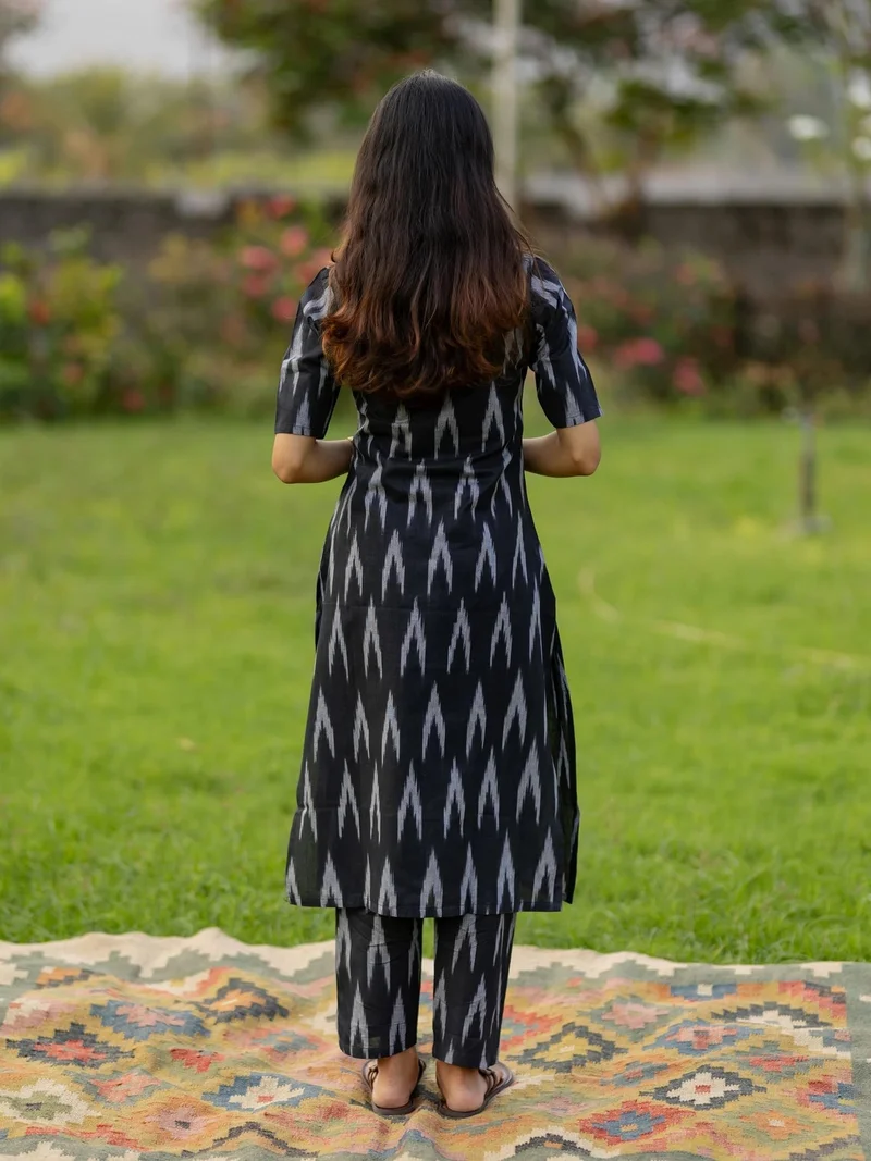 GoSriKi Black GoSriKi Women's Rayon Viscose Straight Ikkat Printed Kurta with Pant (DEMETER BLACK-VKS01-GS_L_Black_Large) for Women | Best Price UAE