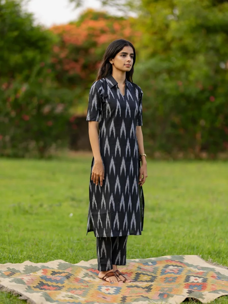GoSriKi Black GoSriKi Women's Rayon Viscose Straight Ikkat Printed Kurta with Pant (DEMETER BLACK-VKS01-GS_L_Black_Large) for Women | Best Price UAE