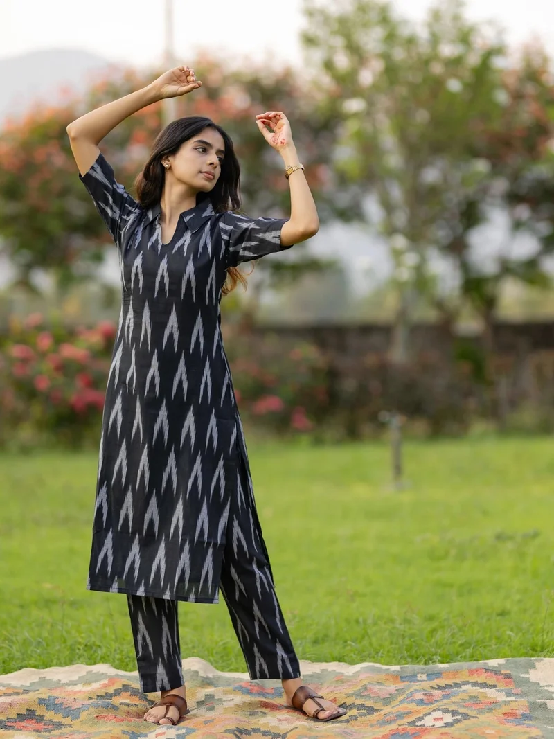 GoSriKi Black GoSriKi Women's Rayon Viscose Straight Ikkat Printed Kurta with Pant (DEMETER BLACK-VKS01-GS_L_Black_Large) for Women | Best Price UAE