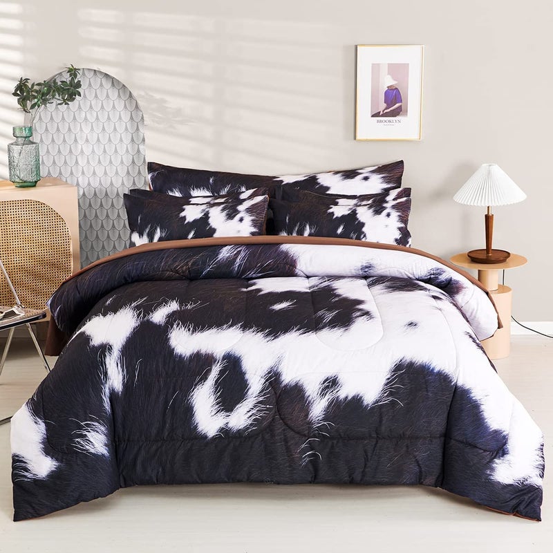 SUCSES King Size Comforter Set 8 Pieces Western Farmhouse Style Bedding Set Highland Rustic Cow Fur Print Bed in A Bag Comforter Set with Sheets Cow Fur Pattern King