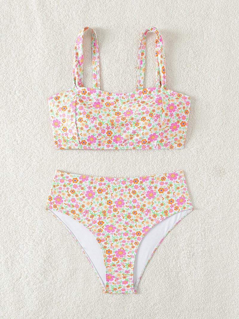 Fanuerg Women's High Waisted Bikini Sets Wide Straps Two Piece Swimsuit Pink Floral Print Bathing Suits M - Image 5
