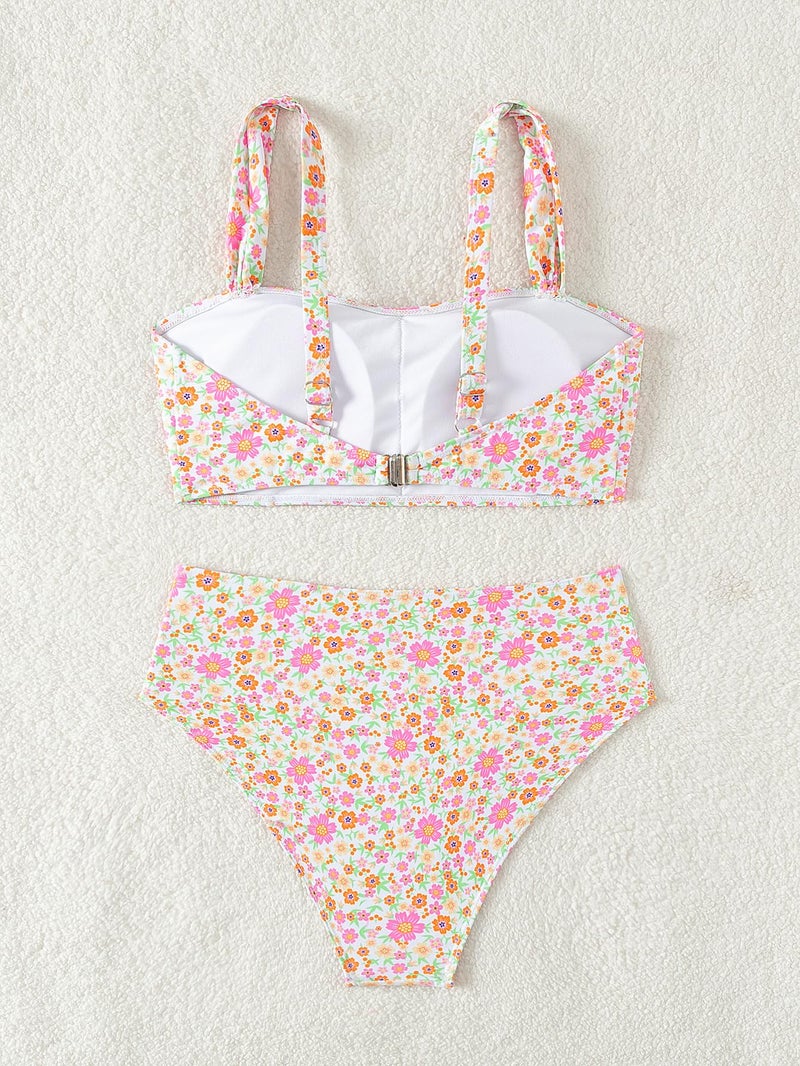 Fanuerg Women's High Waisted Bikini Sets Wide Straps Two Piece Swimsuit Pink Floral Print Bathing Suits M - Image 3