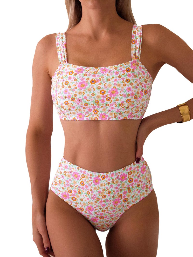 Fanuerg Women's High Waisted Bikini Sets Wide Straps Two Piece Swimsuit Pink Floral Print Bathing Suits M - Image 1