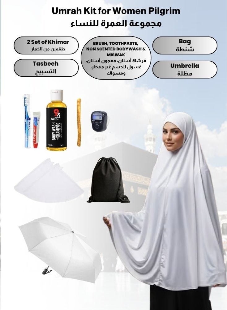 Hajj & Umrah Umrah Kit for Women with Khimar Tasbeeh Toiletries Bag and Umbrella - Image 1