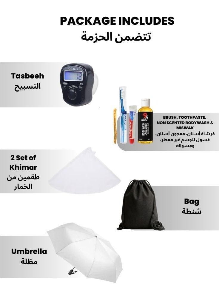Hajj & Umrah Umrah Kit for Women with Khimar Tasbeeh Toiletries Bag and Umbrella - Image 2