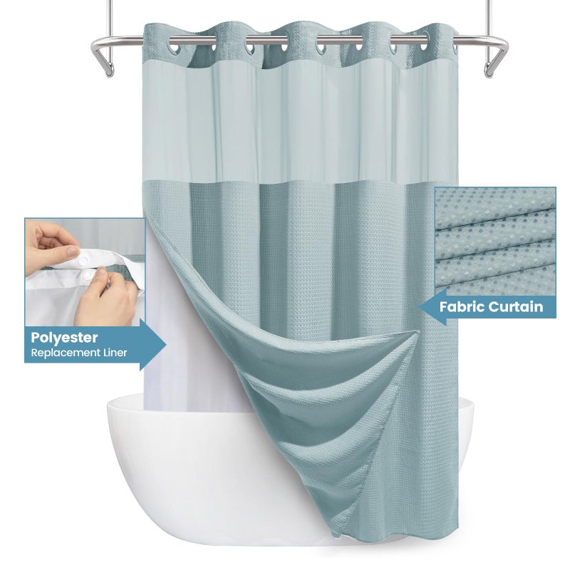 EUTXL Fog Blue No Hook Shower Curtain with Snap in Liner,230GSM Waffle Weave Shower Curtains for Bathroom,71W x 74H - Image 4
