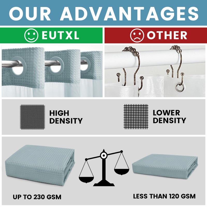 EUTXL Fog Blue No Hook Shower Curtain with Snap in Liner,230GSM Waffle Weave Shower Curtains for Bathroom,71W x 74H - Image 2