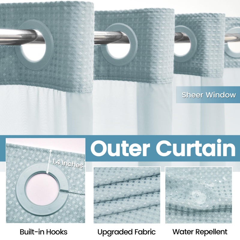 EUTXL Fog Blue No Hook Shower Curtain with Snap in Liner,230GSM Waffle Weave Shower Curtains for Bathroom,71W x 74H - Image 5