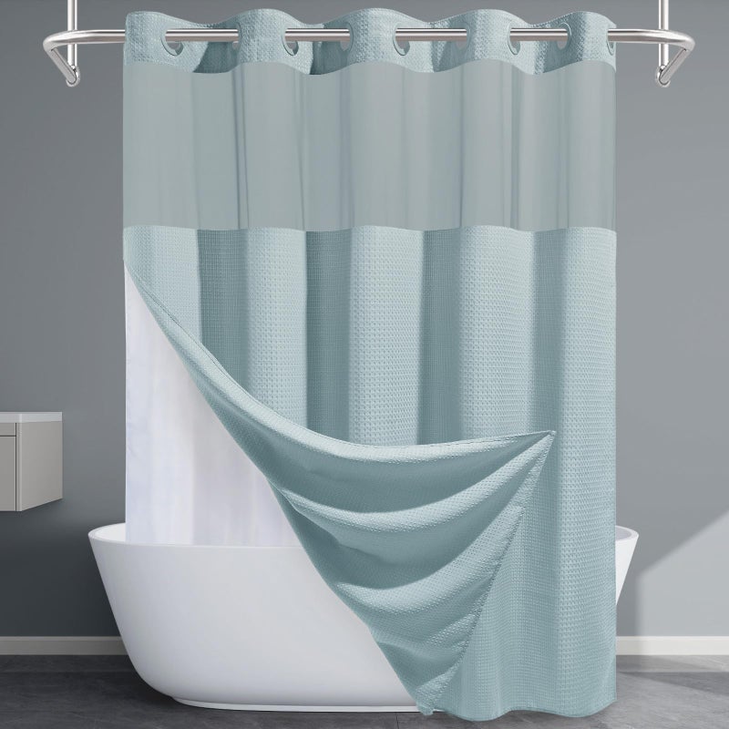 EUTXL Fog Blue No Hook Shower Curtain with Snap in Liner,230GSM Waffle Weave Shower Curtains for Bathroom,71W x 74H - Image 1
