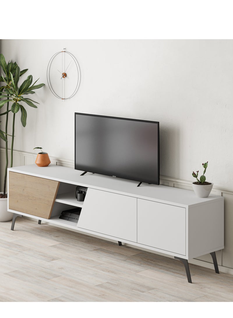 Mourah Home Fiona Tv Cabinet Up To 70'' Inch Tv| 3Door And 2Tier Storage Cabinet| Tv Units For Living Room|180X35.6X48 Cm (White Oak)  - Image 2