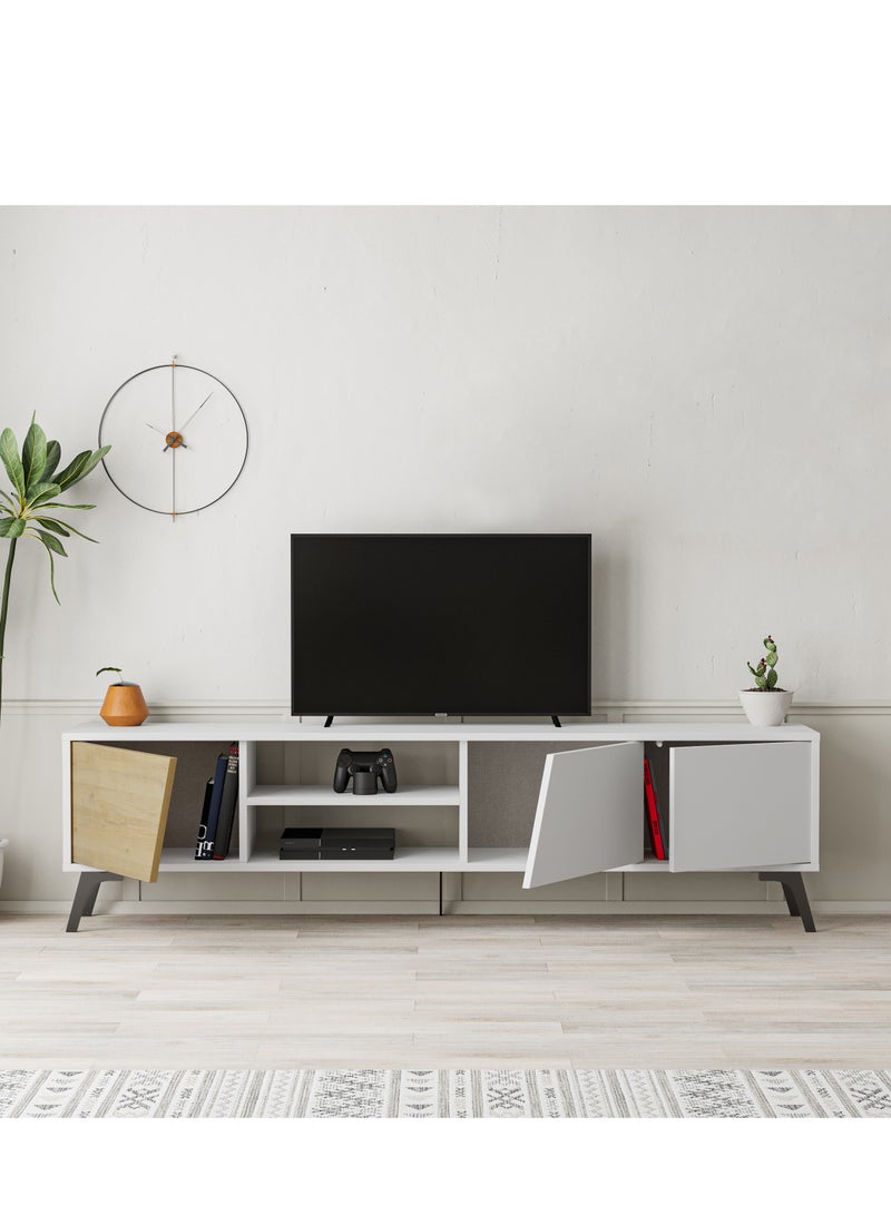 Mourah Home Fiona Tv Cabinet Up To 70'' Inch Tv| 3Door And 2Tier Storage Cabinet| Tv Units For Living Room|180X35.6X48 Cm (White Oak)  - Image 3
