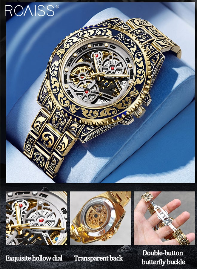 رويس ساعة رجالية ميكانيكية أوتوماتيكية هيكلية مع شاشة عرض تناظرية وقرص دائري بتصميم منقوش، ساعة يد كلاسيكية مضيئة ومقاومة للماء كهدية للرجال - Image 3