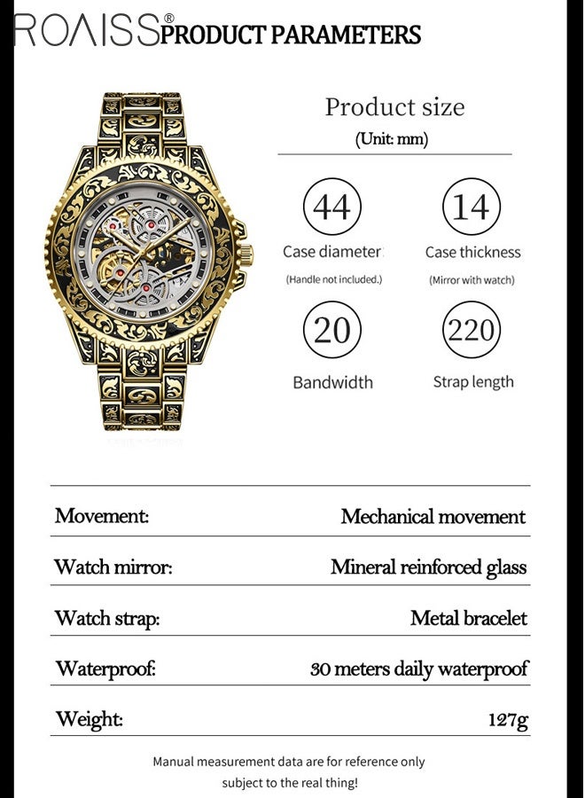 رويس ساعة رجالية ميكانيكية أوتوماتيكية هيكلية مع شاشة عرض تناظرية وقرص دائري بتصميم منقوش، ساعة يد كلاسيكية مضيئة ومقاومة للماء كهدية للرجال - Image 4