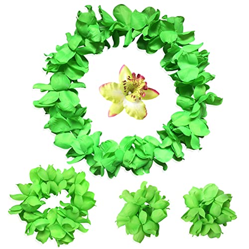YAXAMING Hawaiian Leis Luau Tropical Headband Flower Crown Wreath Headpiece Wristbands Women Cute Floral Necklace Bracelets Hair Bands for Summer Beach Vacation Pool Party Decorations Favors Supplies Green - Image 1