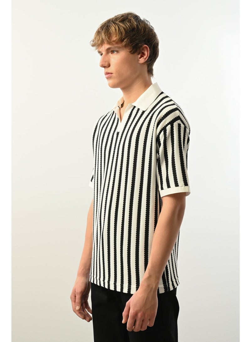 Marrakech Short Sleeves Striped Polo Shirt for Men - White and Black - Image 2
