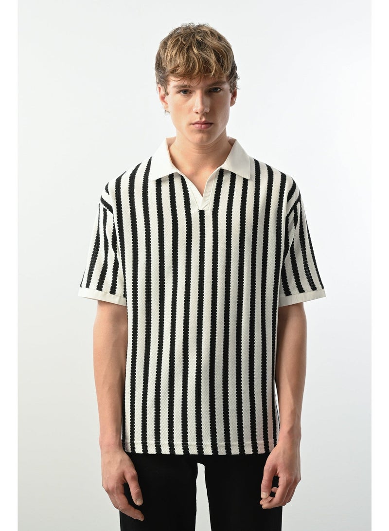 Marrakech Short Sleeves Striped Polo Shirt for Men - White and Black - Image 1
