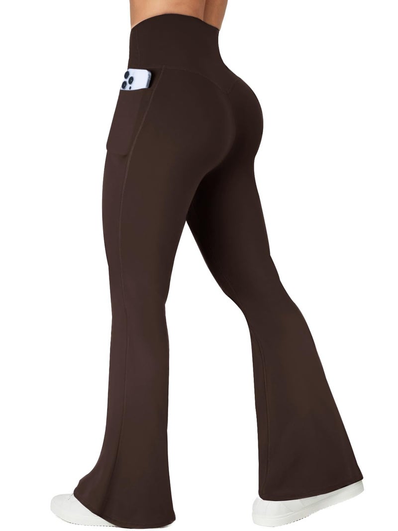 COPYLEAF Flare Leggings with Pockets for Women Seamless Crossover Yoga Pants with Tummy Control Bootcut Work Pants Trendy Brown - Image 1