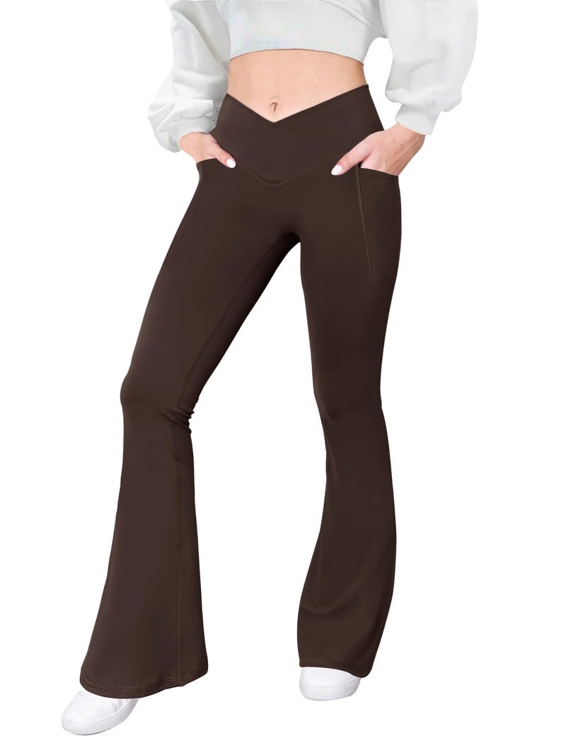 COPYLEAF Flare Leggings with Pockets for Women Seamless Crossover Yoga Pants with Tummy Control Bootcut Work Pants Trendy Brown - Image 2