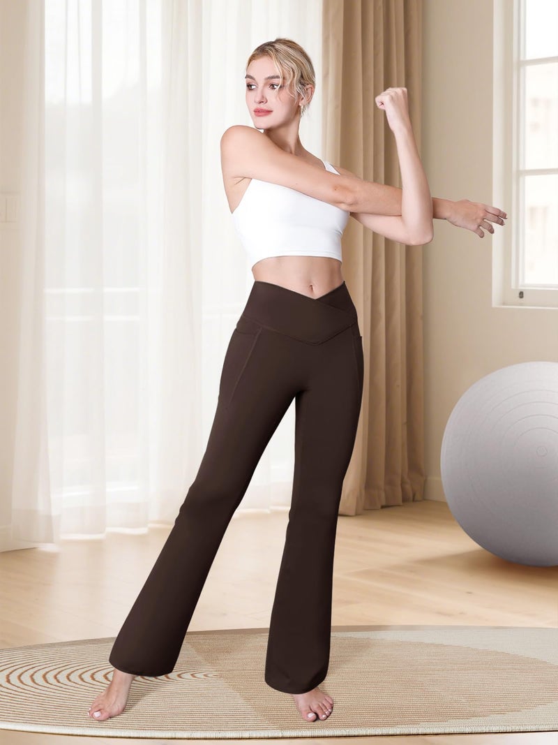 COPYLEAF Flare Leggings with Pockets for Women Seamless Crossover Yoga Pants with Tummy Control Bootcut Work Pants Trendy Brown - Image 5