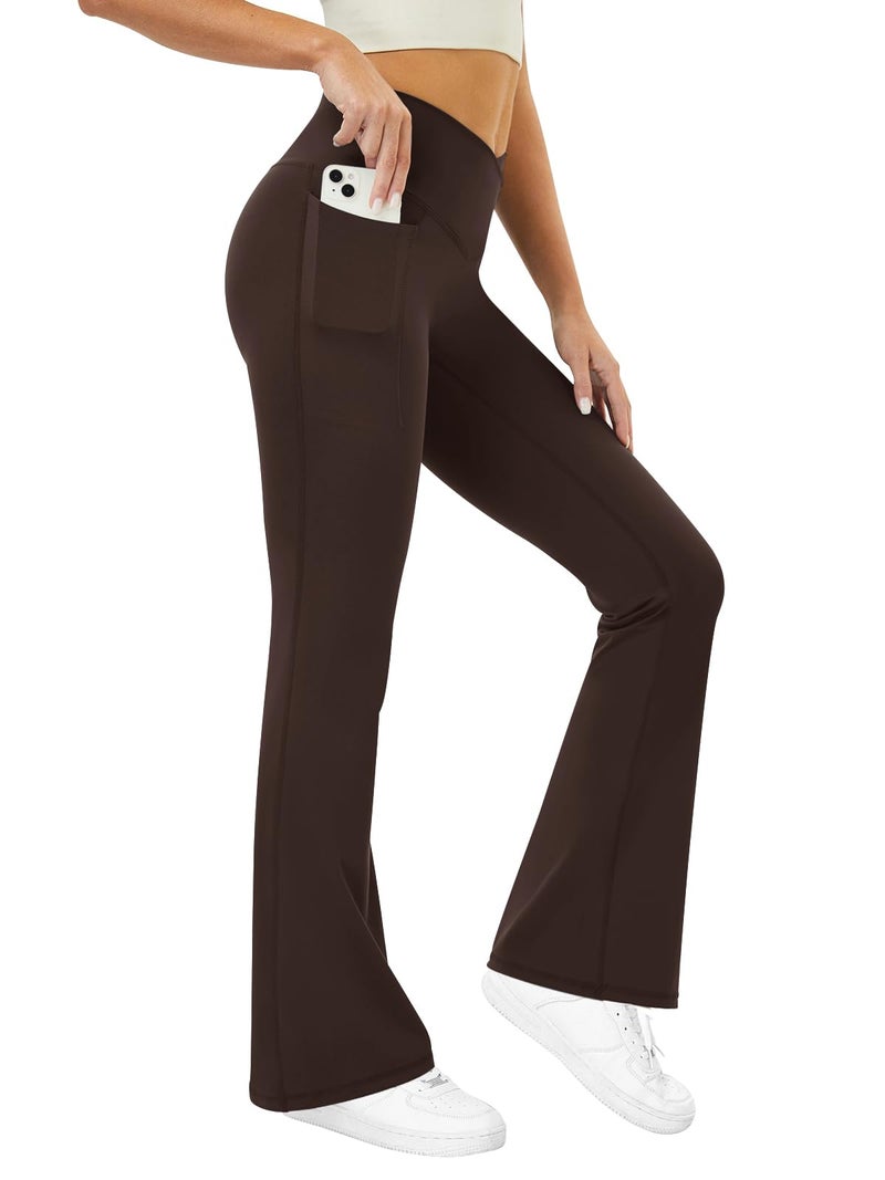 COPYLEAF Flare Leggings with Pockets for Women Seamless Crossover Yoga Pants with Tummy Control Bootcut Work Pants Trendy Brown - Image 4
