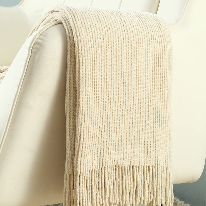 CREVENT Super Cozy Soft and Warm Chenille Throw Blanket for Sofa Couch Chair Bed  Spring Sumer Fall All Season Use  Gift for Mom Girlfriend (50''X60'' Ivory) - Image 3