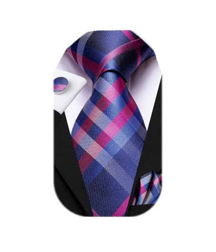 Dubulle Mens Pink Blue Checks Striped Tie WOVEN Necktie for Men and Handkerchief Cufflinks Set Wedding Formal Business - Image 1