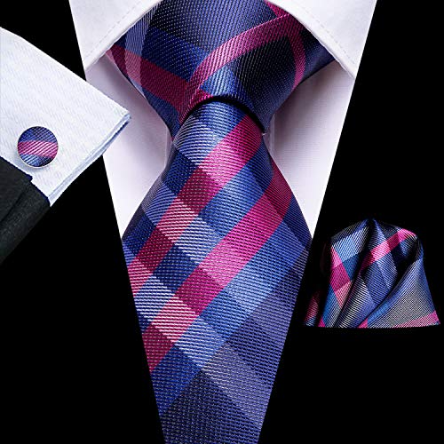Dubulle Mens Pink Blue Checks Striped Tie WOVEN Necktie for Men and Handkerchief Cufflinks Set Wedding Formal Business - Image 5