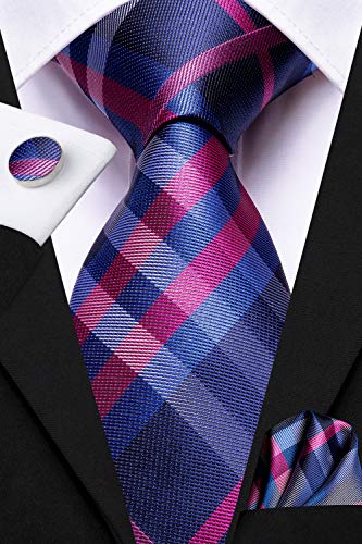 Dubulle Mens Pink Blue Checks Striped Tie WOVEN Necktie for Men and Handkerchief Cufflinks Set Wedding Formal Business - Image 3