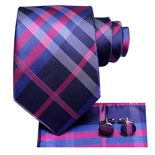 Dubulle Mens Pink Blue Checks Striped Tie WOVEN Necktie for Men and Handkerchief Cufflinks Set Wedding Formal Business - Image 2