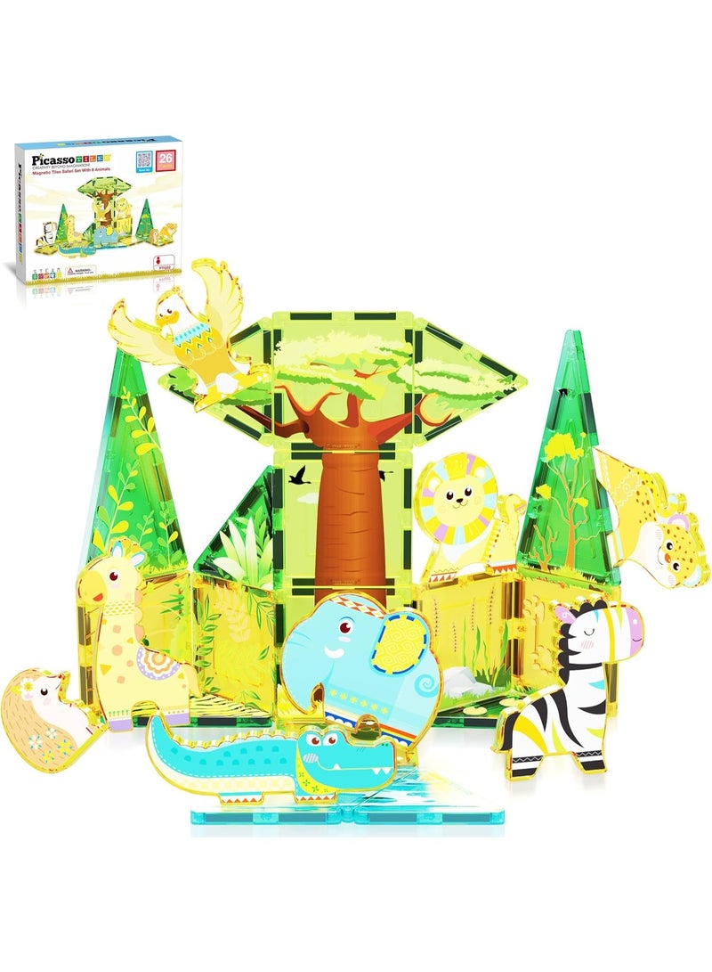 PicassoTiles مجموعة بلاط بيكاسو المغناطيسية سفاري 26 قطعة | متوافقة مع بلاط المغناطيس | كتل بناء | ألعاب STEM | مجموعة ألعاب تعليمية | كتل تكديس | مجموعة بناء للأطفال لتطوير الدماغ - Image 1